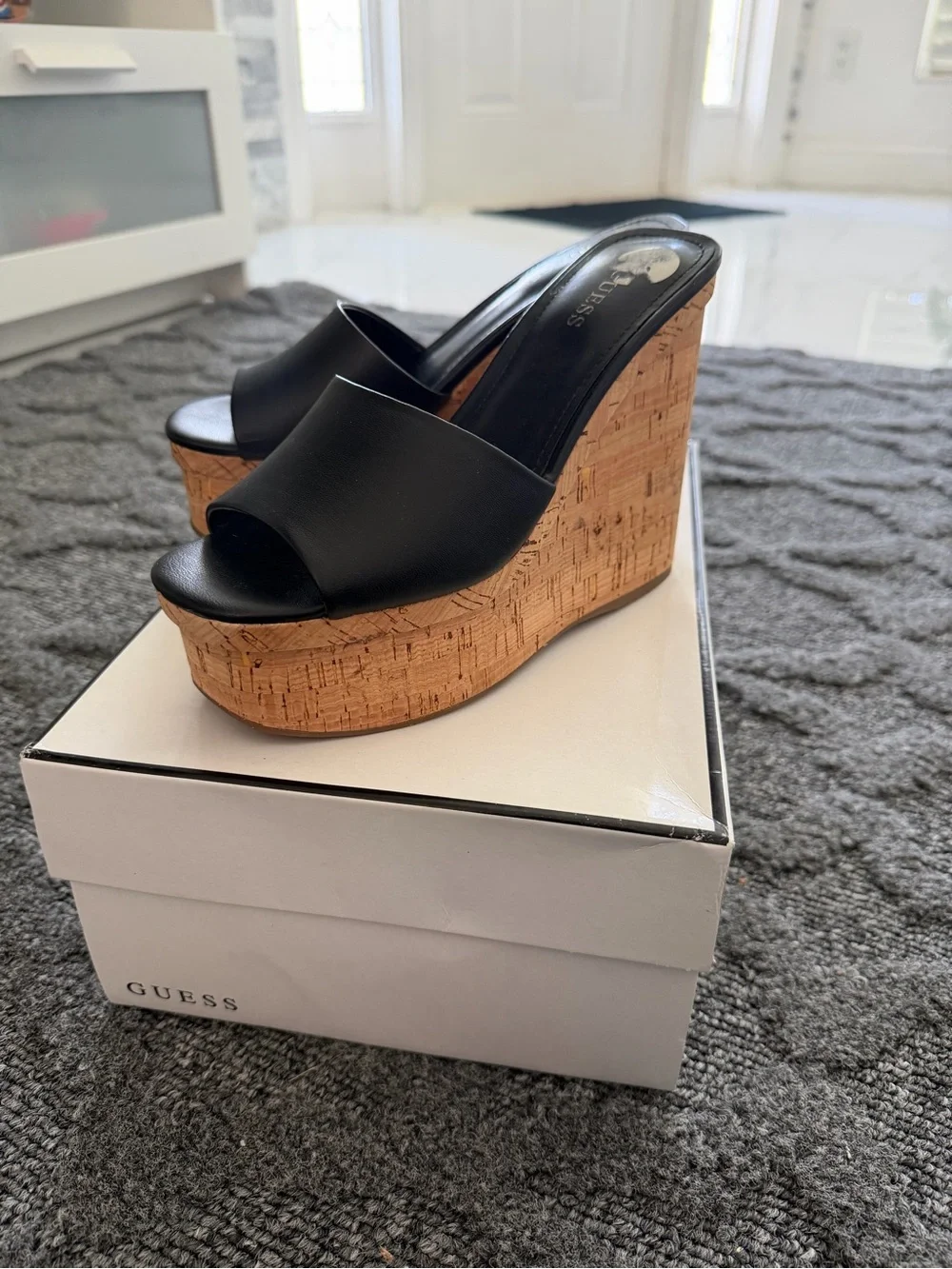 Guess Black Leather Cork Wedge Slide Sandals